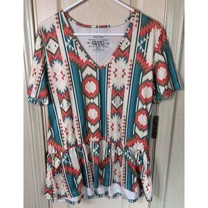 Crazy Train Womens Lg Aztec Geometric V-neck Short Sleeve Blouse